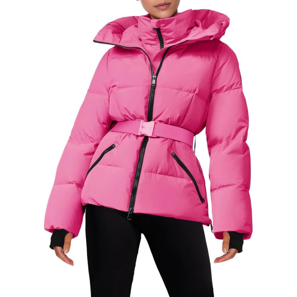Women's Rose Red Quilted Puffy Ski Jacket Belt Coat Hooded Mountain Snow